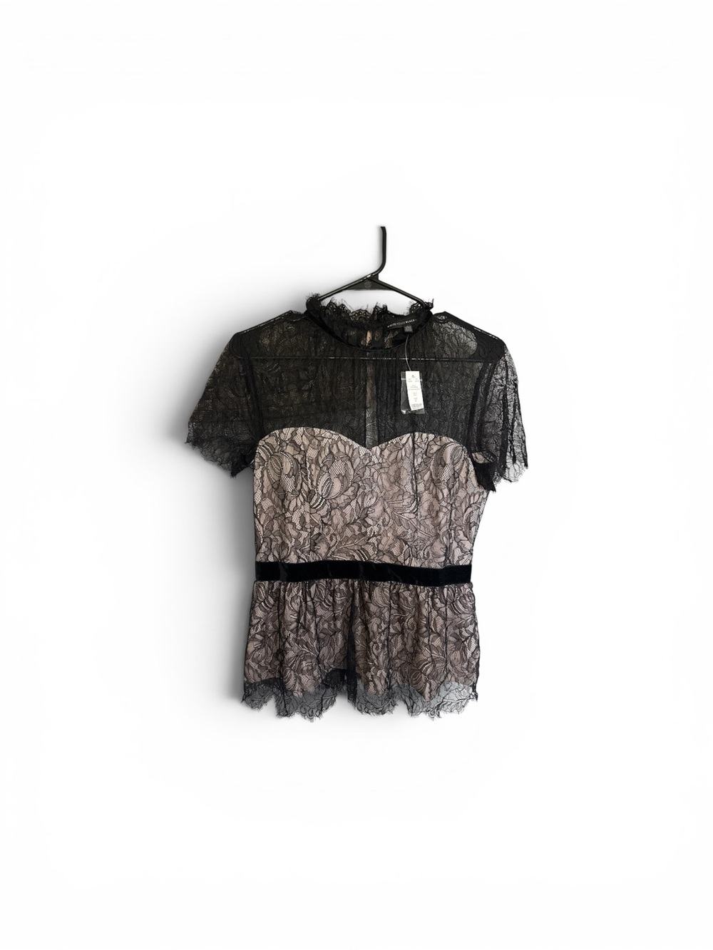 White House Black Market Black Lace Overlay Blush Peplum Top